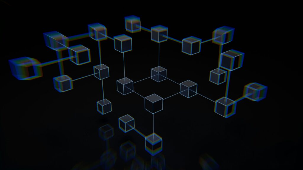 How Blockchain Supports Data Privacy. A digital 3D network of interconnected cubes representing a blockchain system, symbolizing secure and decentralized data storage.