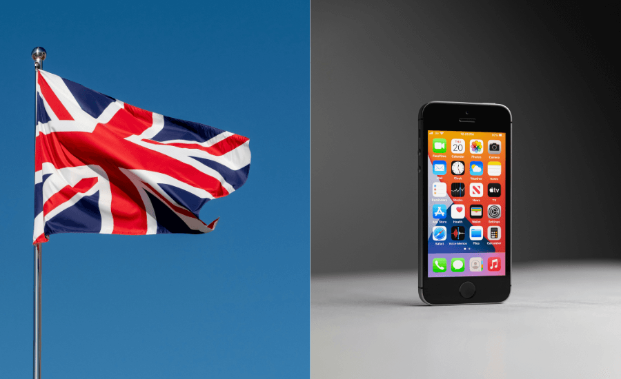 a cell phone and a flag : A smartphone with the Apple logo and a UK flag in the background, representing the Apple Removes Encryption Feature in UK Amid Security Row controversy.