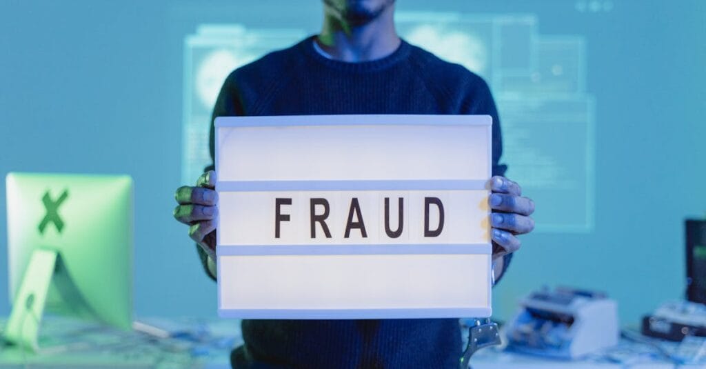 most common type of online fraud - A man holding a sign reading 'FRAUD' in a tech environment, highlighting cybersecurity concerns. This to alert users on Most Common Type of Online Fraud